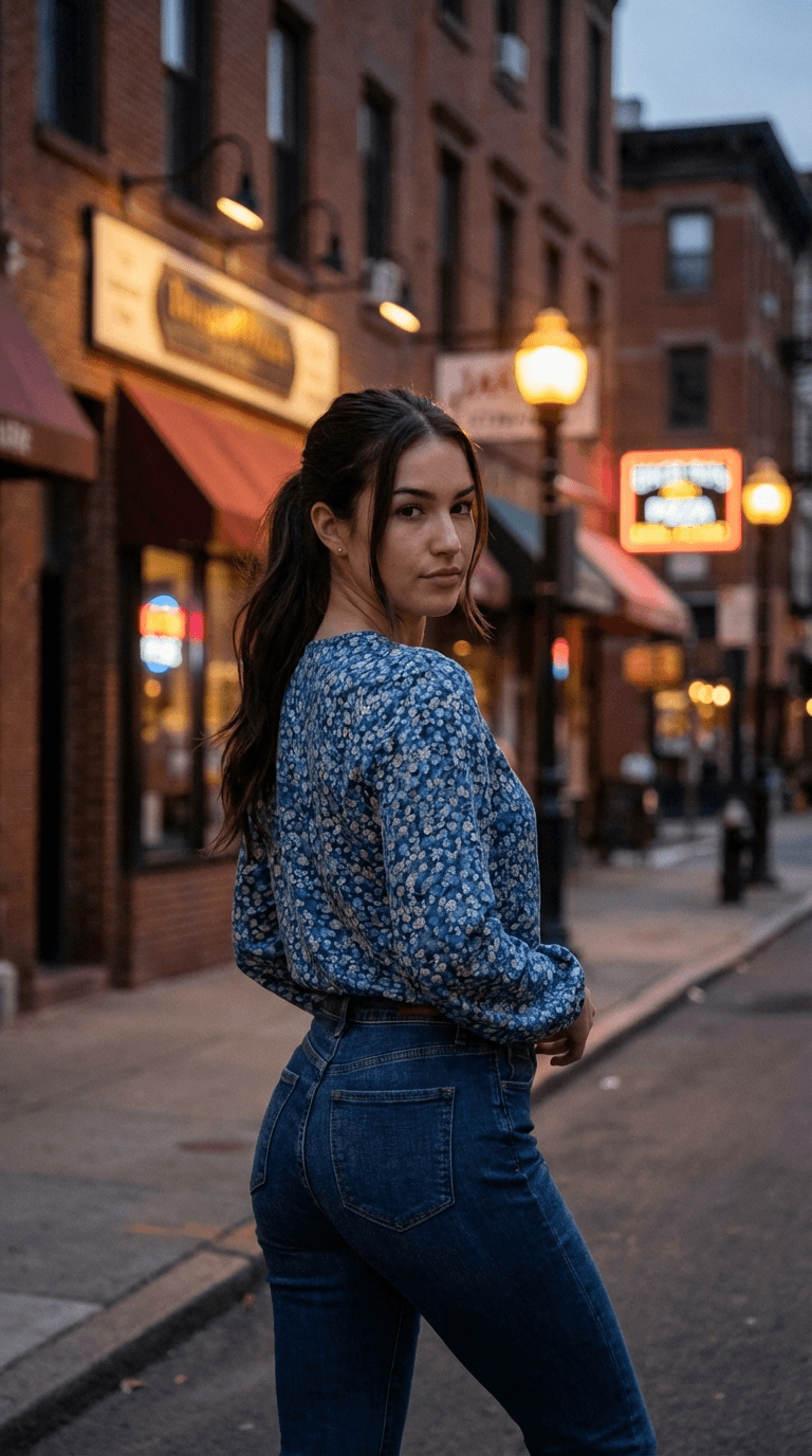 Urban Street Portrait With Evening City Lights And Soft Background Bokeh