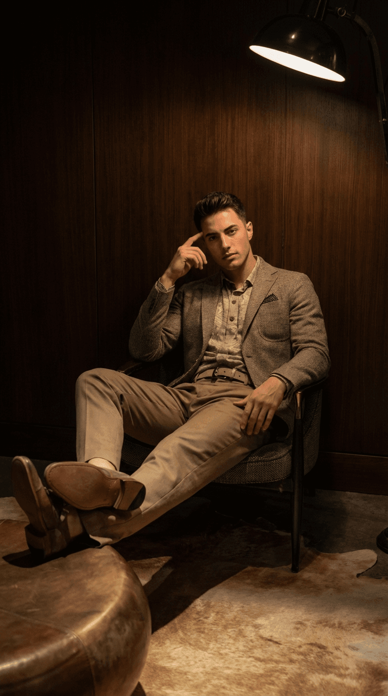 Indoor Lounge Photoshoot With Warm Lamp Lighting And Relaxed Seated Pose