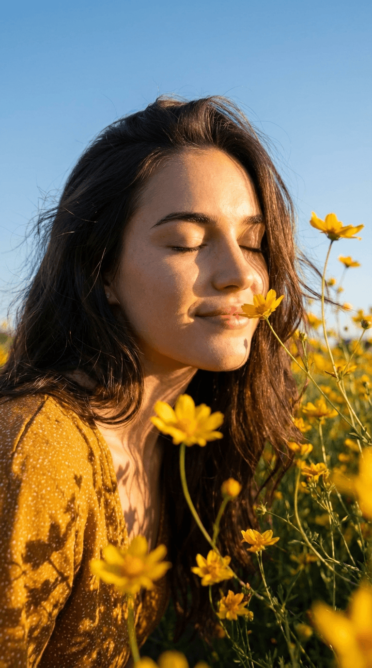 Outdoor Nature Photoshoot In Flower Field With Golden Hour Sunlight