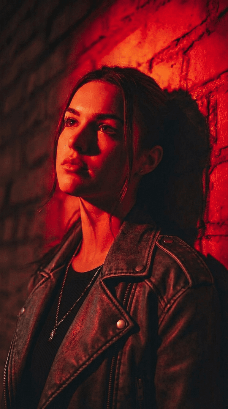 Cinematic Night Street Portrait With Red Neon Lighting And Leather Jacket