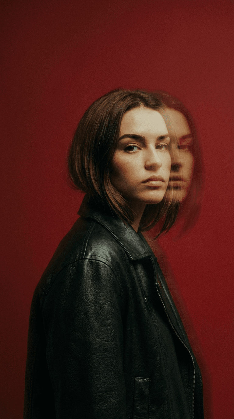 Experimental Studio Portrait With Double Exposure Effect And Red Background