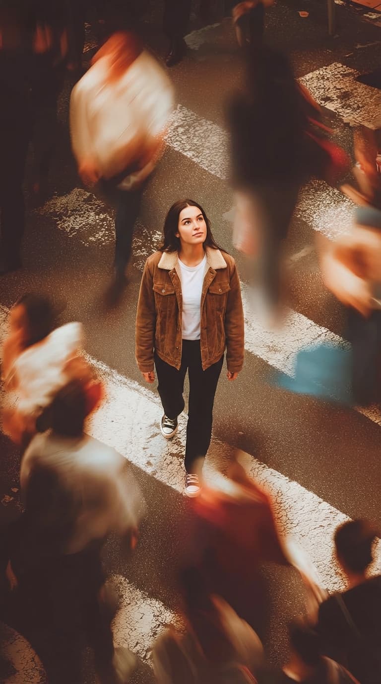 Model in Busy City Street with Motion Blur